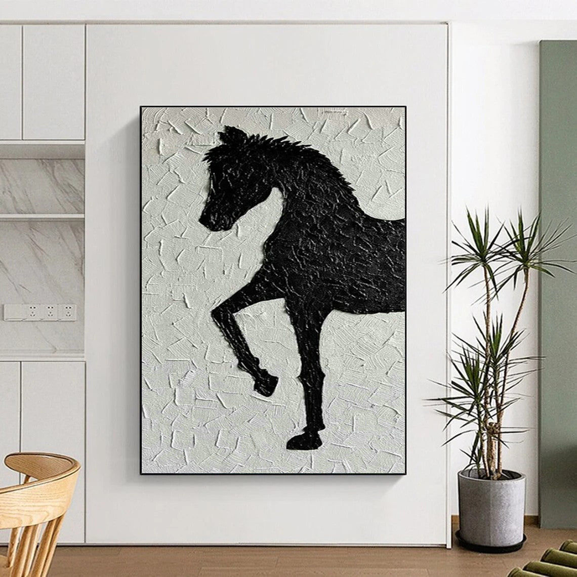 Black Horse Silhouette Textured Art for Equestrian Center & Rustic Home Office DLZ1981