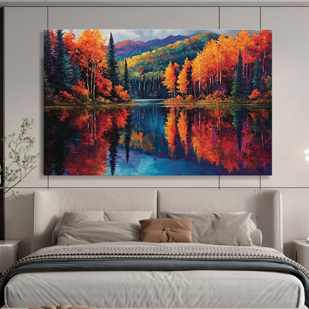 Autumn Lake Reflection Art for Mountain Lodge Living Rooms DLZ3202