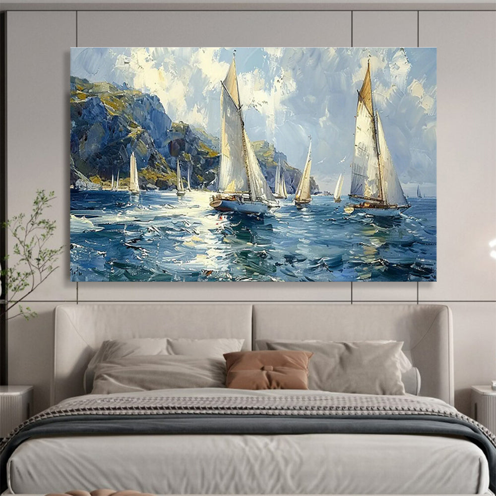 Vivid Sailing Boats Seascape Art to Enrich Nautical - Themed Coastal Living Room DLZ3053