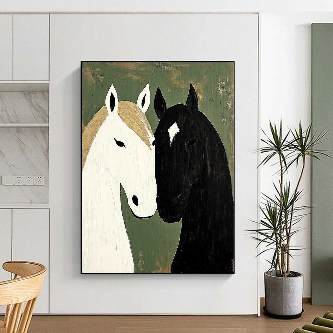 Black and White Horses Minimalist Equine Art for Scandinavian - Style Home & Bohemian - Inspired Bedroom STSC1453