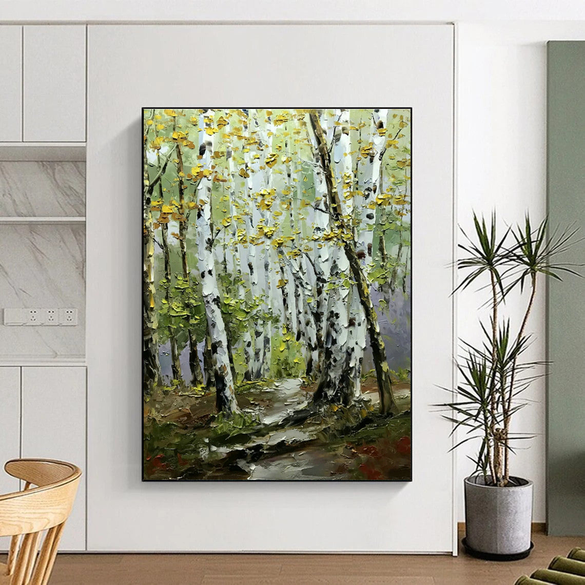 Birch Forest Path Oil Painting for Rustic Cottage Living Room & Nature Lover’s Retreat DLZ0850