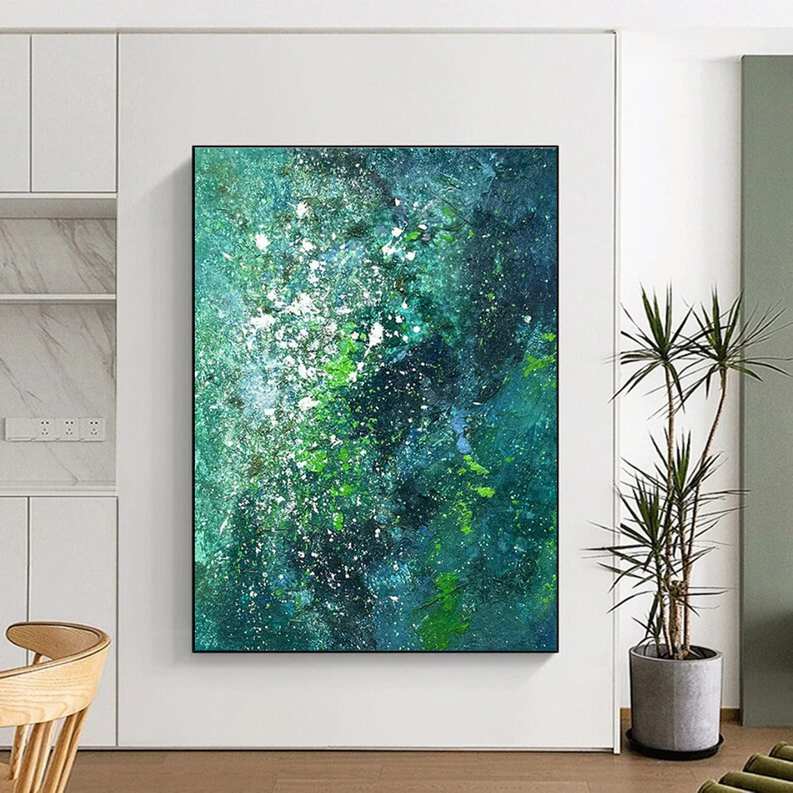 Blue and Green Splatter Abstract Art for Coastal Restaurant & Bohemian Home Bedroom DLZ1593