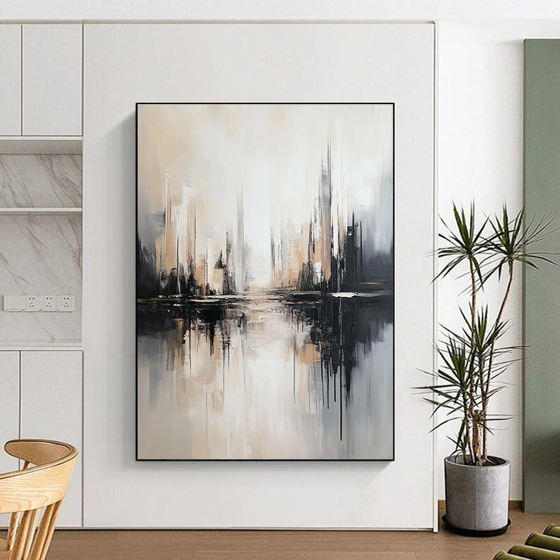 Monochromatic Cityscape Reflection Art for Modern Office Reception & Minimalist Home Library STSC1352