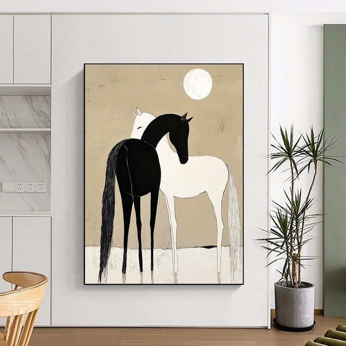 Black and White Horses Under Moon for Minimalist Bedroom & Spiritual Retreat Center STSC915