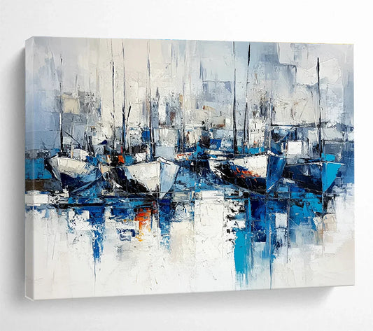 Tranquil Harbors Unveiled - A Thorough Analysis of the Abstract Boats in Harbor Art for Nautical-Themed Restaurant & Coastal Home SC030