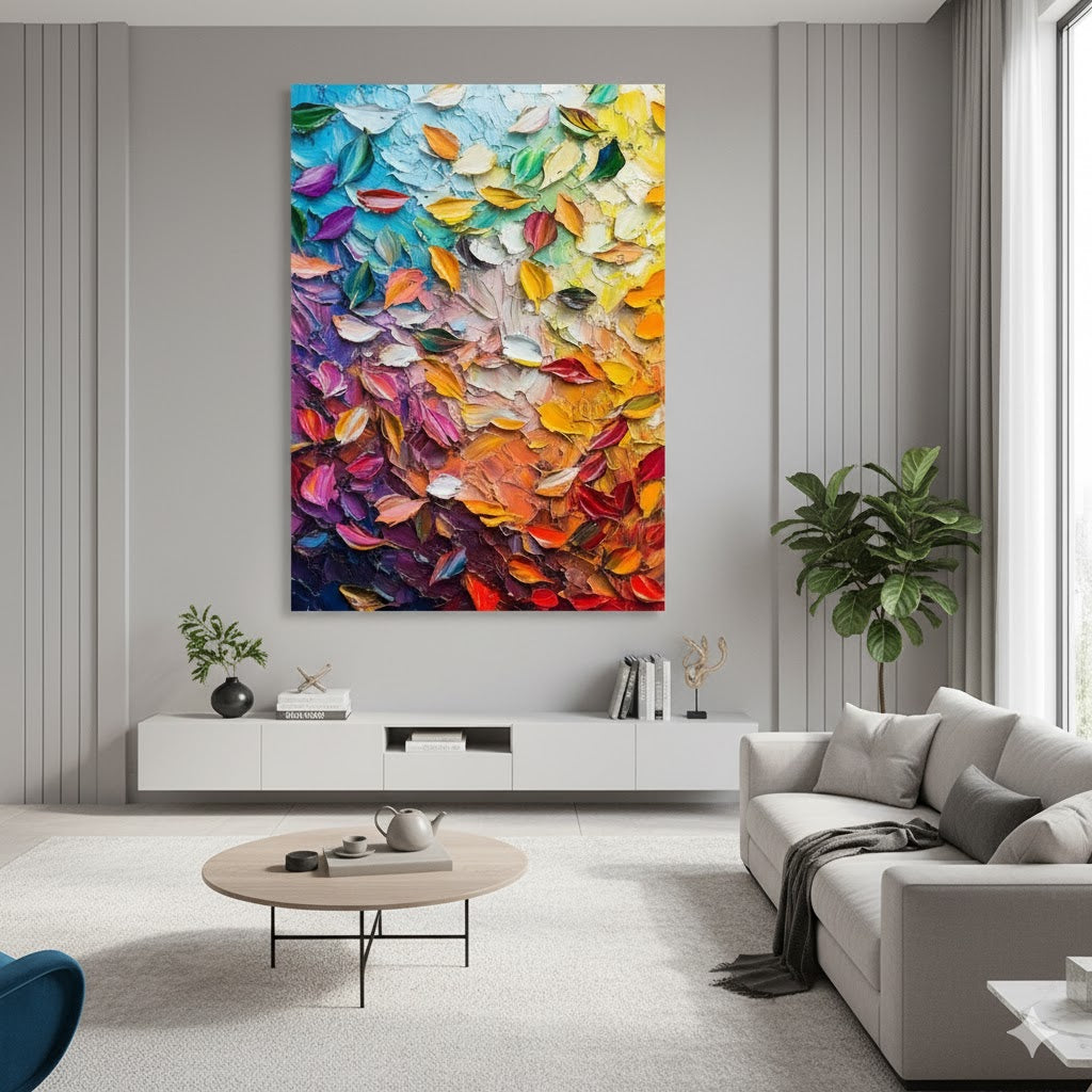 Vibrant Cascade: The Essence of Color and Texture in "Colorful Leaf Palette Knife Art for Art Studio & Vibrant Café DLZ0736"