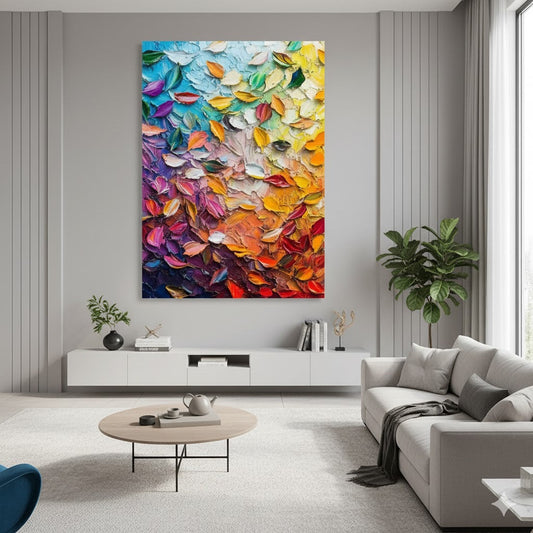 Vibrant Cascade: The Essence of Color and Texture in "Colorful Leaf Palette Knife Art for Art Studio & Vibrant Café DLZ0736"