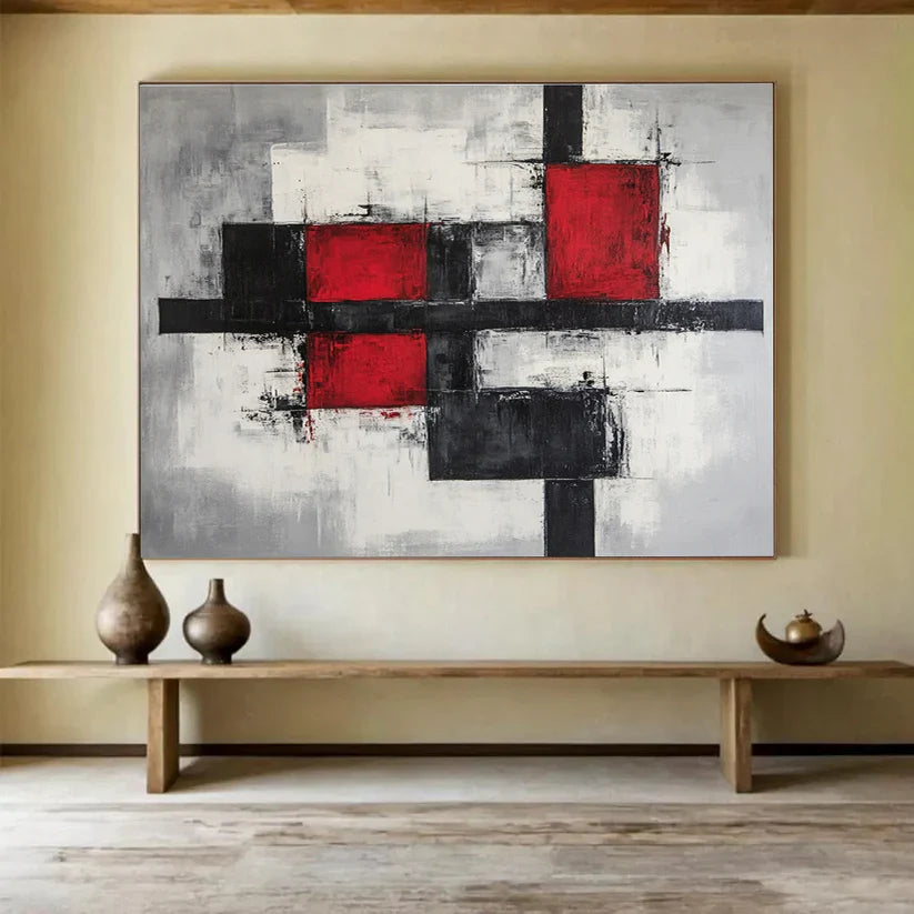 Red, Black, and Gray: Decoding the Industrial Symphony in Geometric Abstraction