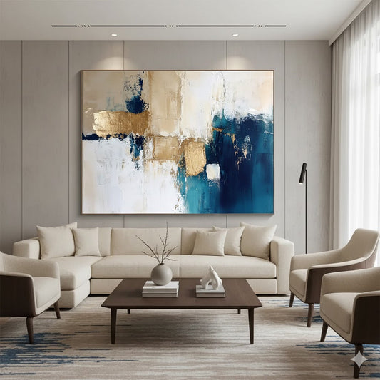 Unveiling the Depths: A Comprehensive Analysis of Blue - Gold Geometric Abstract for Design Studio & Urban Loft SC024