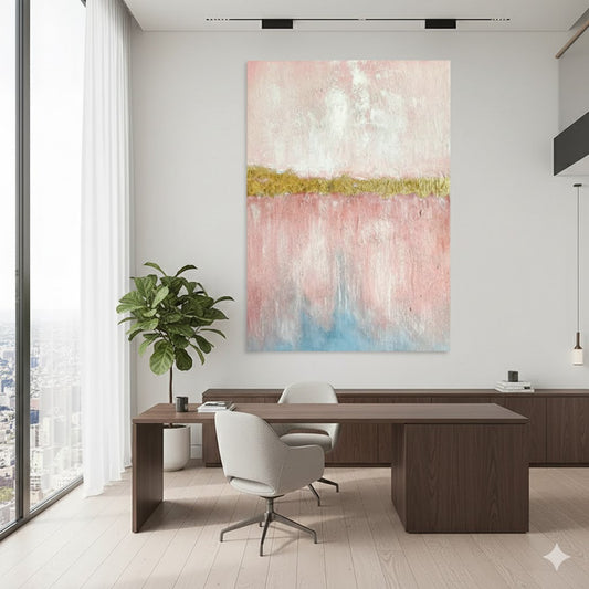 Serene Horizons: An In-Depth Analysis of Pink - Gold - Blue Abstract Art for Bedroom & Entryway DLZ0300