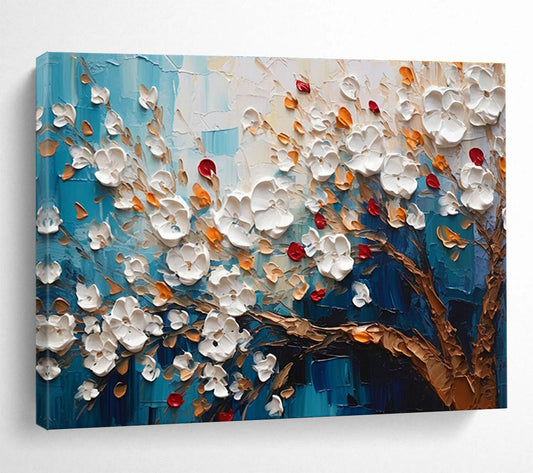 Blue - Background White Flower Tree Art for Coastal Café Outdoor Seating Walls DLZ3272