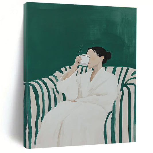 Woman in White Robe Drinking for Cozy Reading Nook & Modern Wellness Space STSC1122