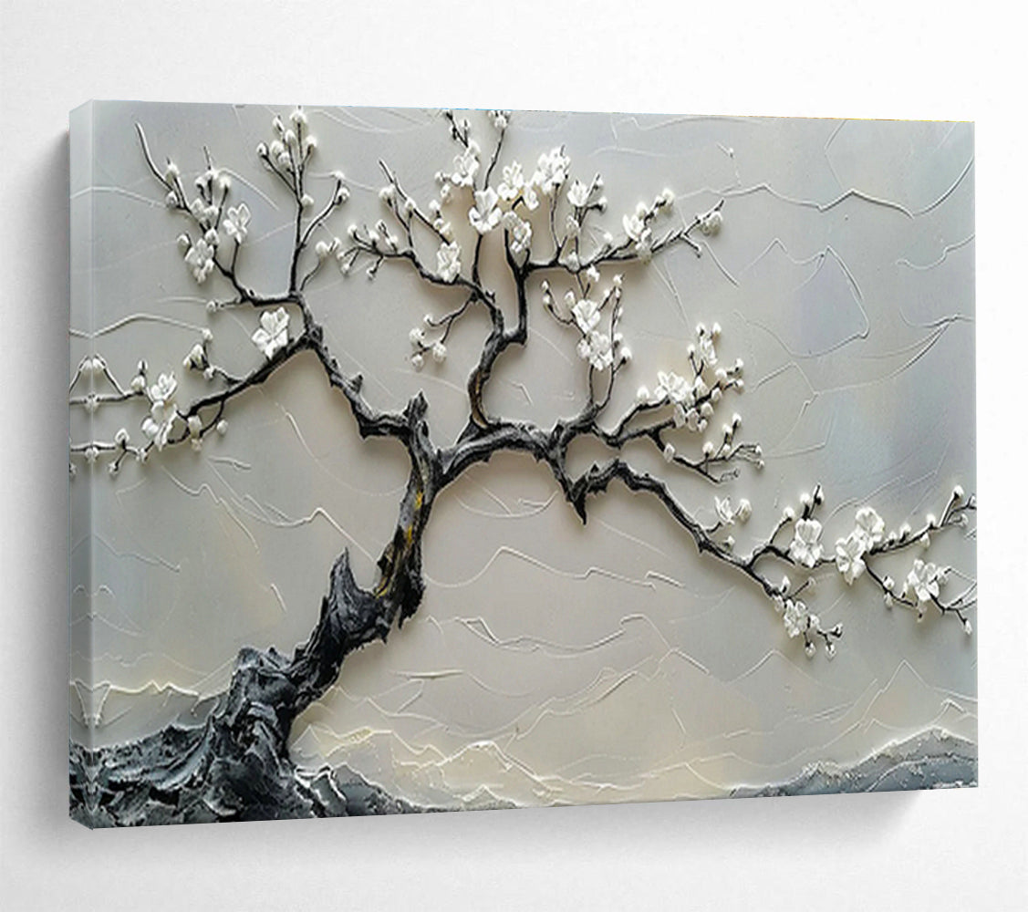 Textured White Blossom Tree Relief Art for Zen - Inspired Entryways DLZ3079
