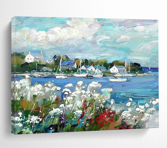 Coastal Town Landscape Art for Nautical - Themed Dining Area DLZ2834