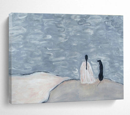 Figure and Dog by the Water Abstract Art for Serene Reading Nook DLZ2807