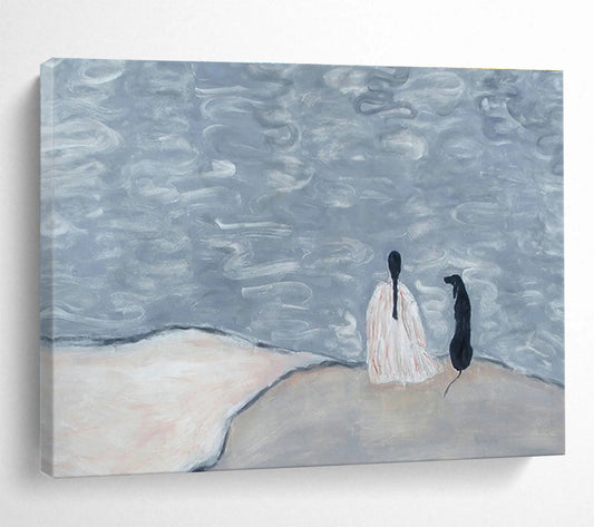 Figure and Dog by the Water Abstract Art for Serene Reading Nook DLZ2807