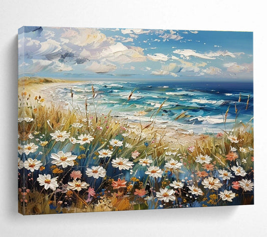 Seaside Flower Field Oil Painting for Relaxing Beach House Bedrooms DLZ2639