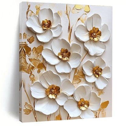 3D White Flowers with Gold Centers Textured Floral Art for Bohemian - Style Living Room & High - End Home Spa STSC1481