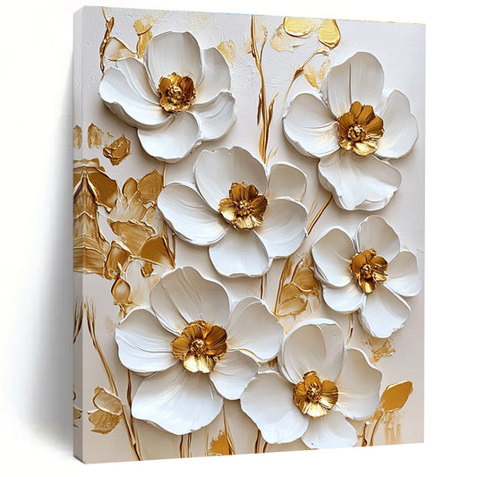 3D White Flowers with Gold Centers Textured Floral Art for Bohemian - Style Living Room & High - End Home Spa STSC1481