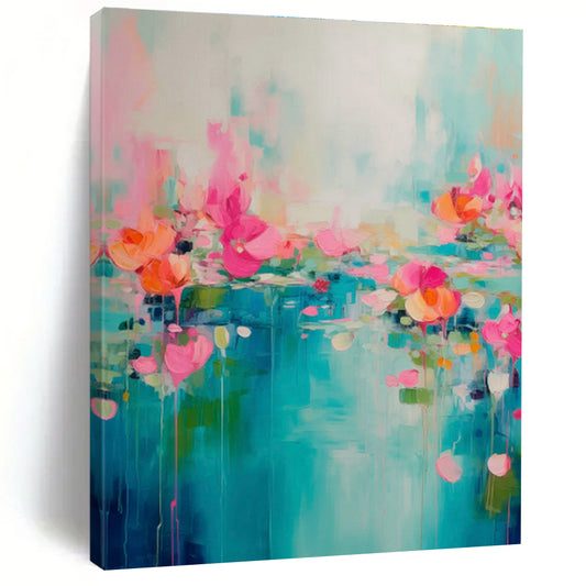 Blue - Pink Floral River Art for Bohemian Living Room & Coastal Café DLZ1000