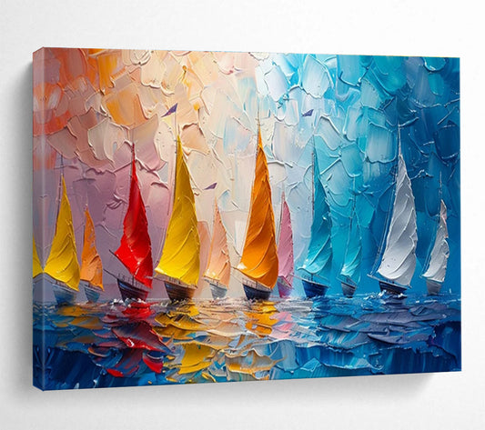 Colorful Sailboats Palette Knife Art for Nautical - Themed Yacht Club Dining Rooms DLZ3184