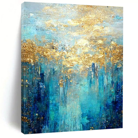 Gold - Blue Forest - Inspired Abstract Art for Luxury Lakeside Villa & Upscale Art Lounge DLZ1912
