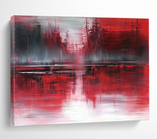 Red Forest Reflection Art for Rustic Cabin & Dark - Themed Bar SC155