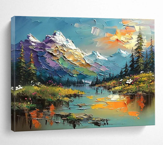 Mountain Lake Palette Knife Art for Adventure - Themed Hotel Lobby Displays DLZ3210