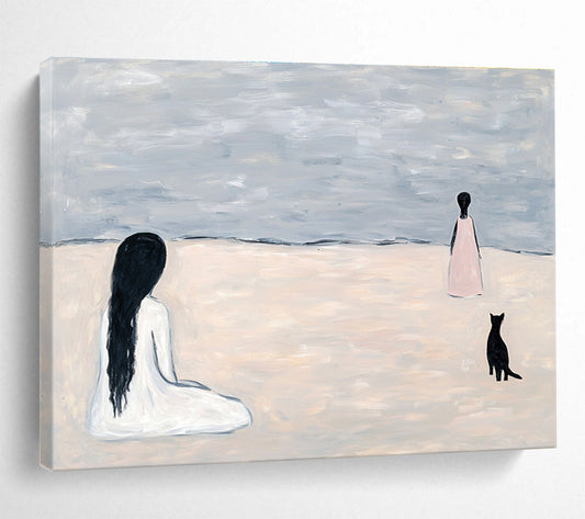 Figure and Cat on Beach Art for Coastal Home Bedroom & Intimate Reading Nook SC468
