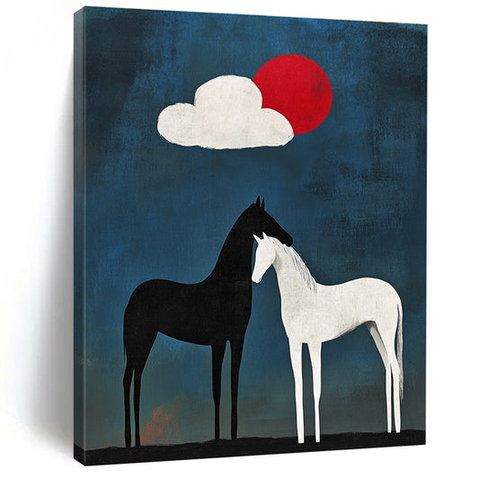 Black and White Horses Under Sun and Cloud for Bohemian - Style Café & Nature - Inspired Art Studio STSC916