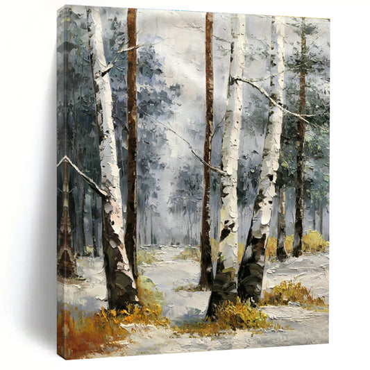 Birch Forest in Snow Oil Painting for Nordic - Style Home & Ski Resort Lobby DLZ1283