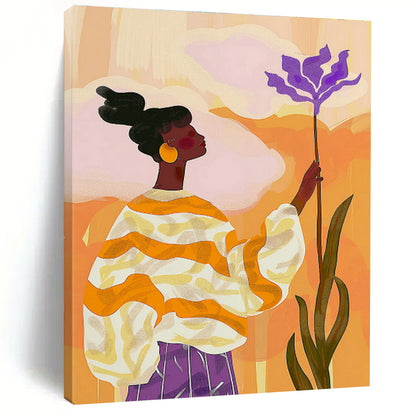 Woman with Purple Flower in Orange - Yellow Art for Bohemian Café & Creative Studio DLZ0695
