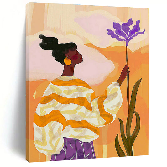 Woman with Purple Flower in Orange - Yellow Art for Bohemian Café & Creative Studio DLZ0695