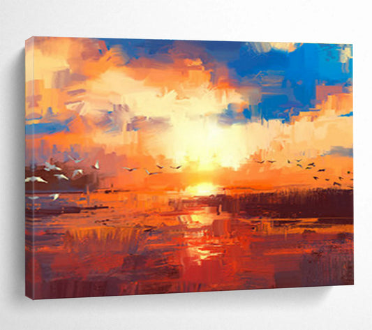 Orange - Blue Sunset with Birds Art for Serene Garden Room DLZ2771