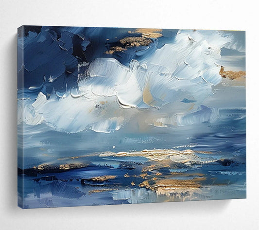 Impasto Blue - Gold Cloud Art for Serene Home Office Focus DLZ3068