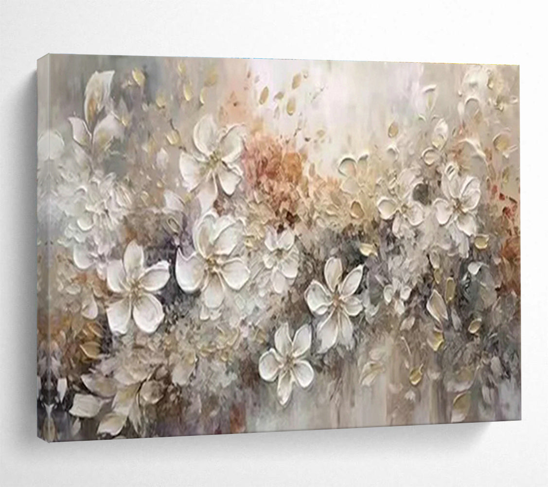 White - Gold Floral Oil Painting for Elegant Bedroom Wall Decor DLZ2643