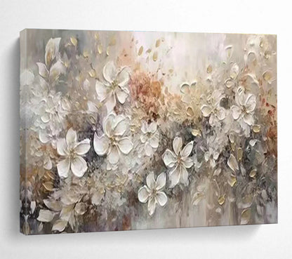 White - Gold Floral Oil Painting for Elegant Bedroom Wall Decor DLZ2643