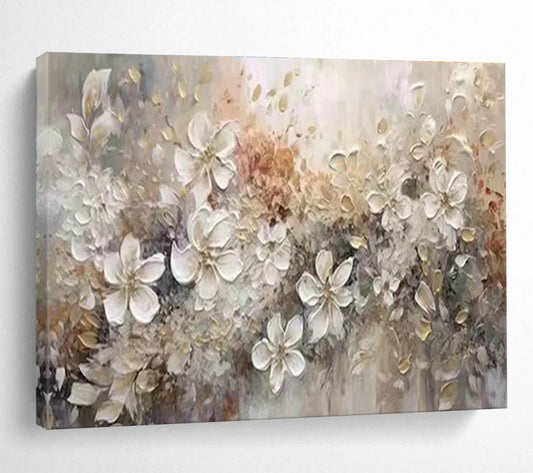 White - Gold Floral Oil Painting for Elegant Bedroom Wall Decor DLZ2643