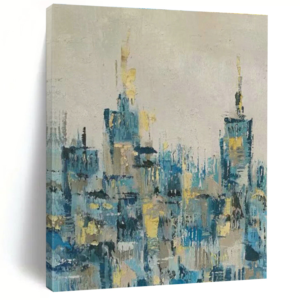 Blue - Gold Cityscape Abstract Art for Urban - Themed Bar & Metropolitan Home DLZ0778
