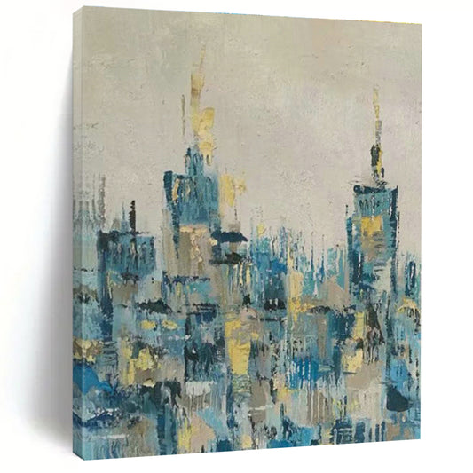Blue - Gold Cityscape Abstract Art for Urban - Themed Bar & Metropolitan Home DLZ0778