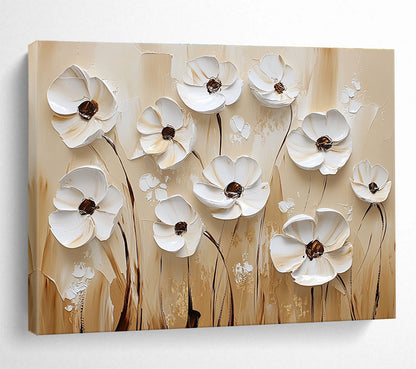 White Flowers on Beige Art for Minimalist Bedroom & Art Gallery SC003