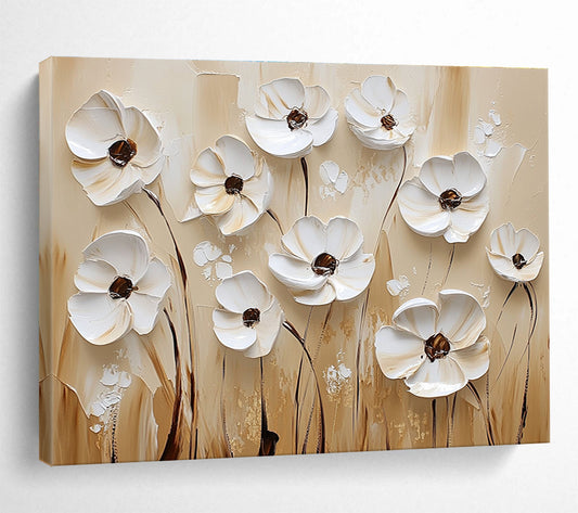 White Flowers on Beige Art for Minimalist Bedroom & Art Gallery SC003