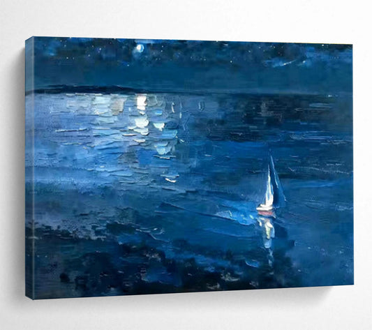 Moonlit Sea View Oil Painting for Coastal - Themed Living Rooms DLZ2484