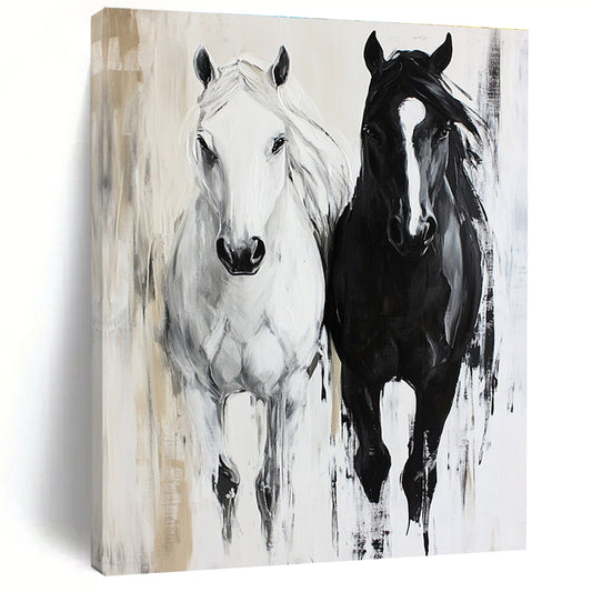 Black and White Horses  Dynamic Equine Art for Equestrian Club Lounge & Modern Home Hallway STSC1452