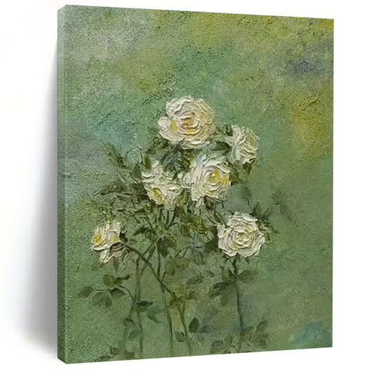 Textured White Roses on Green Art for Garden Cottage & Florist Shop DLZ0605