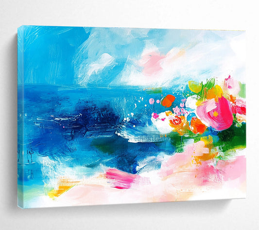 Blue Sea and Colorful Flowers Art for Bohemian Living Room & Garden - Themed Restaurant SC363