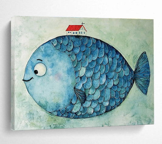 Fish with House Art for Nautical - Themed Children’s Room & Coastal Café SC478