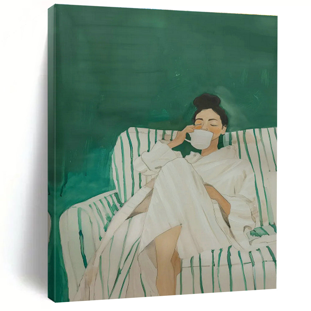 Woman in White Robe on Green Sofa Art for Spa Retreat & Cozy Bedroom DLZ0690