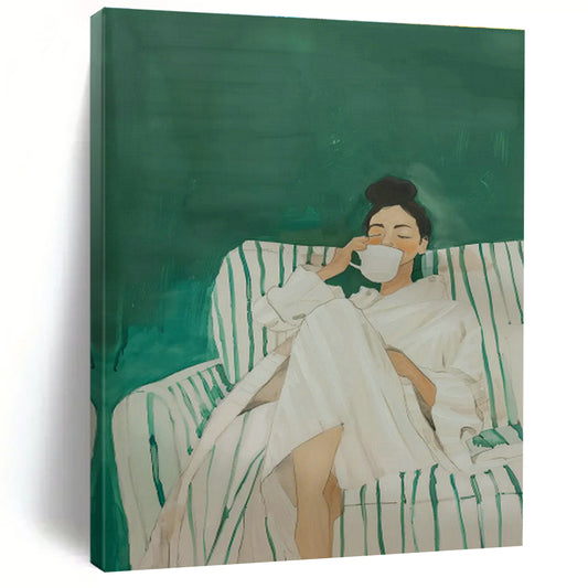 Woman in White Robe on Green Sofa Art for Spa Retreat & Cozy Bedroom DLZ0690