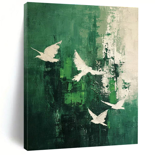 Dark Green & White Doves Abstract Art for Nature - Inspired Home & Yoga Studio DLZ1318